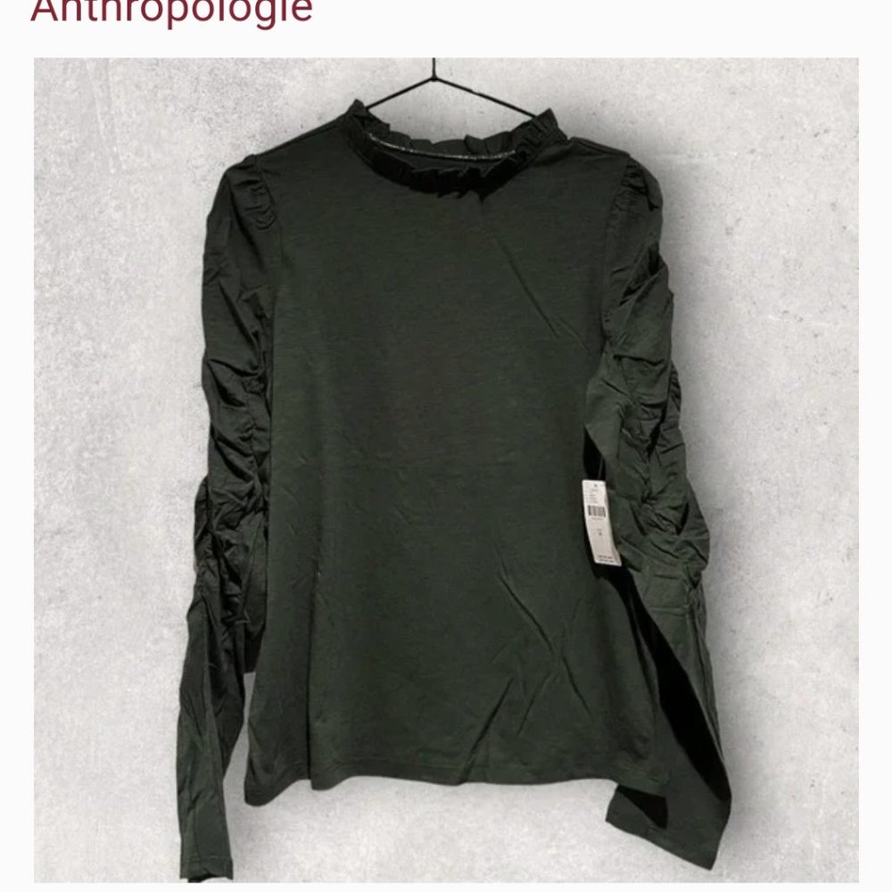 Anthropologie RUCHED Ruffled LONG-SLEEVE TOP in Heathered Dark Green Size M